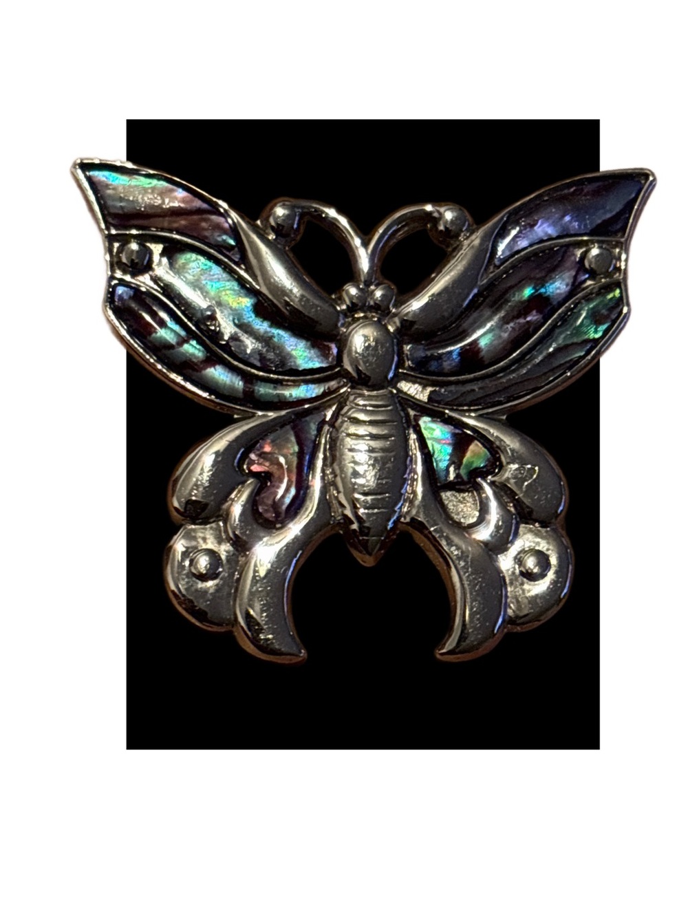 Vintage NURI Abalone Inlay Butterfly Brooch - Iridescent Greens & Blues